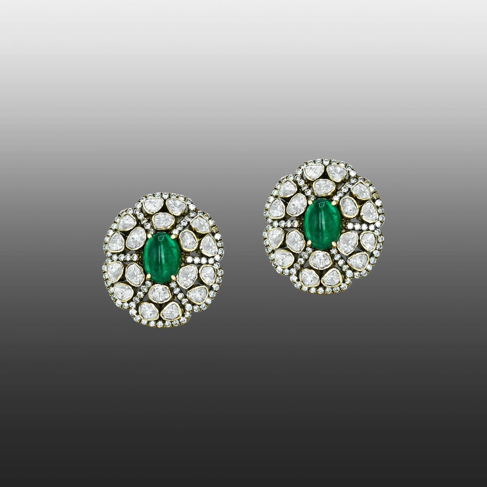 Emerald-Centered Polki Stud Antique Earrings with Floral Diamond Halo